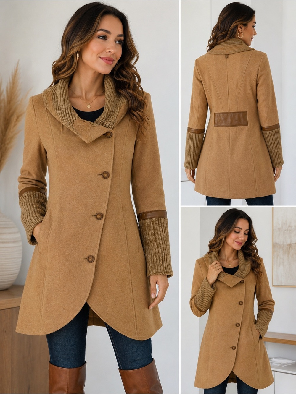 Mackage Camel Knit-Trim Wool-Blend Trench Coat